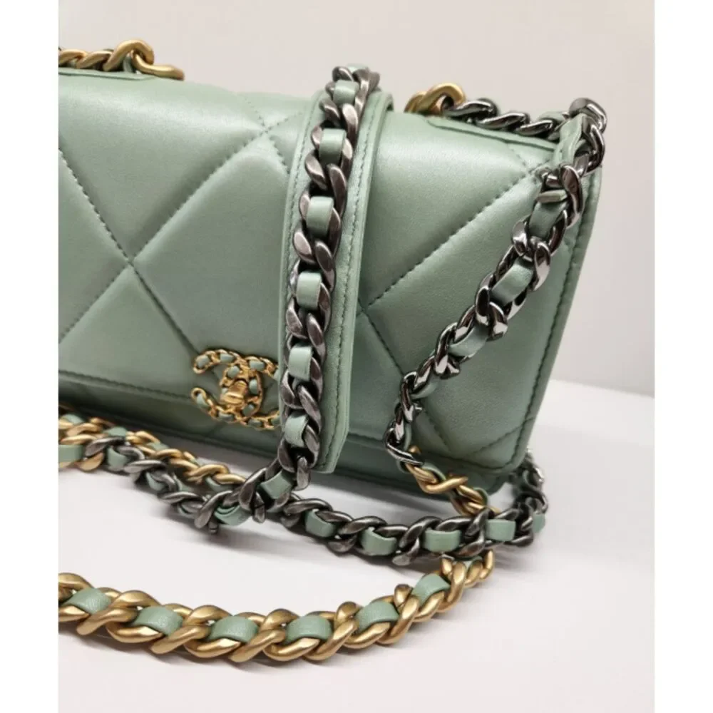 CHANEL 19 WOC Pearlescent Green Lambskin Mixed Metal Chain Crossbody Microchip